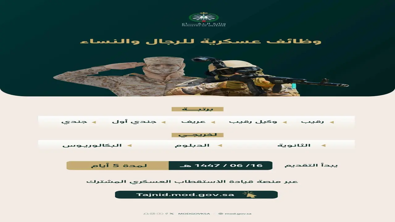 “اغتنم الفرصة وقدم”.. فتح التقديم لوظائف وزارة الدفاع 1447 على التجنيد الموحد للرجال والنساء